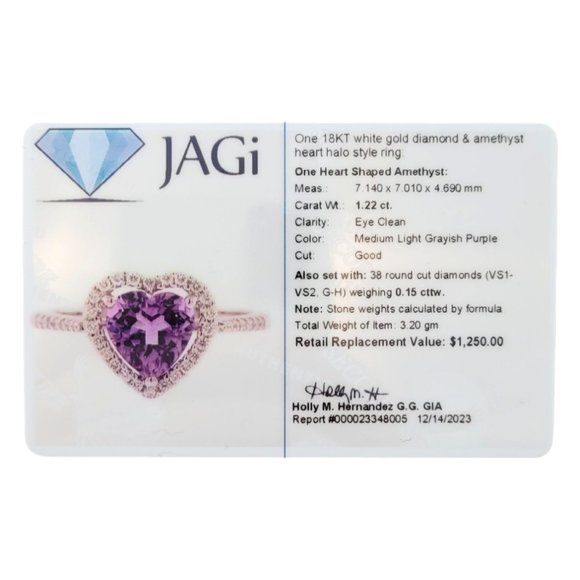 18K White Gold Diamond & Amethyst Heart Halo Ring Size 6.5 #16289